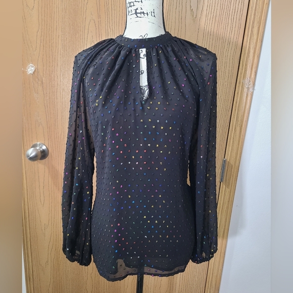 Trina Turk Cocktail Soiree Greyhound Rainbow Polka Dot Keyhole Neckline Blouse - Picture 1 of 3